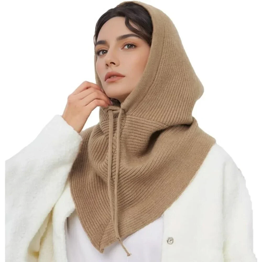 Women Dark Khaki Hooded Scarf Winter Beanie Hats Beanies Knitted Crochet Hat